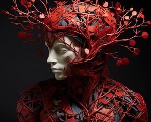 Canvas Print - A sculpture made from red branches and leaves, AI