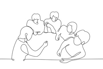 Wall Mural - group of people men and women sit at a table in a close circle - one line art vector. concept friends are talking, team or colleagues are conferring