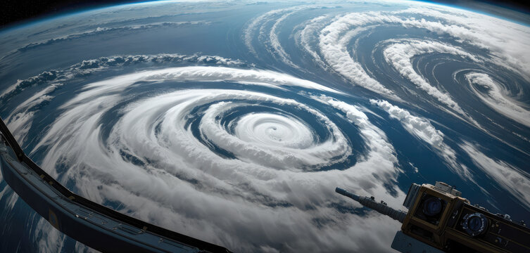 Wall Mural -  - Eye of Hurricane. Hurricane on Earth. Typhoon over planet Earth. Category 5 super typhoon approaching the coast. View from outer space. Generative AI