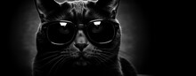 Black Cat In Black Glasses With Empty Space For Text Banner On The Theme Of Halloween And Black Friday