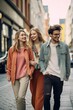 © Jorge Ferreiro - group of happy friends smiling, looking and walking on the street
