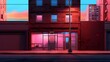 building in the city, Pink light, tall brick building with red metal trim, in the style of neon hallucinations, landscapes, raw street photography, 