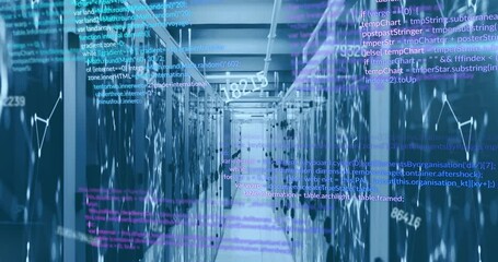 Poster - Animation of changing numbers and computer language over connected dots on server racks