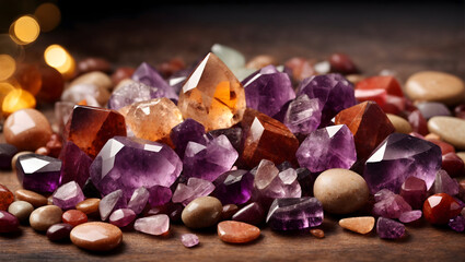 Wall Mural - Amethyst,Fluorite,Rhodonite stones background. 