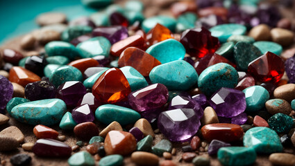 Wall Mural - Turquoise,Amethyst,Tourmaline and Red Jasper stones background. 