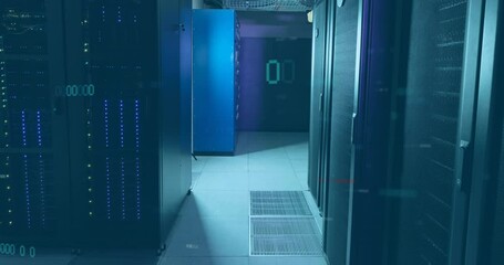 Poster - Animation of multiple 0 numbers and soundwaves over server room