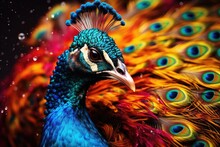 A Vibrant Peacock Displaying Its Majestic Plumage In Close-up