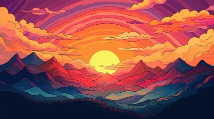 Wall Mural - Magnificent sunrise over the mountains. Fantasy concept , Illustration painting.