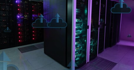 Poster - Animation clouds and arrow moving upwards over data server racks