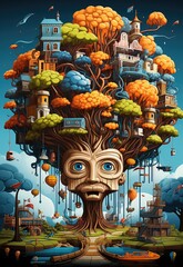 Sticker - A tree with a face and a house on top, AI