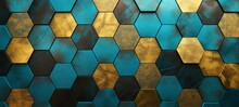Abstract Futuristic Luxurious Digital Geometric Technology Hexagon Background Banner Illustration 3d - Gold Turquoise Blue Hexagonal 3d Shape Texture Wall