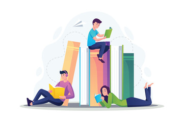 Aufkleber - Literacy day concept with people scene in the flat cartoon design. In honor of the literary holiday, the students decided to devote the whole day to reading books. Vector illustration.