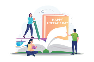 Aufkleber - Literacy day concept with people scene in the flat cartoon design. Students write a script for the celebration of World Literature Day. Vector illustration.