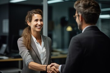 Wall Mural - happy smiling business woman shaking hand and greeting client in office