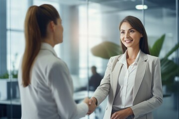 happy smiling business woman shaking hand and greeting client in office