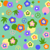 Fototapeta Morze - Seamless pattern in hippie style with  pacific, colorful flowers and circles on a turquoise background