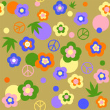 Fototapeta Morze - Seamless pattern in hippie style with  pacific, colorful flowers and circles on a mustard background