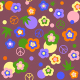 Fototapeta Morze - Seamless pattern in hippie style with  pacific, colorful flowers and circles on a burgundy background