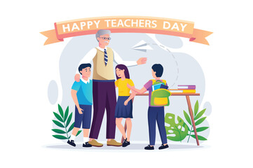 Fototapete - teachers day concept with people scene in the flat cartoon style. the students came to greet the old