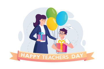 Poster - Concept Teacher's Day gift with people scene in the flat cartoon design. A small student gives a gift to his favorite teacher in honor of her holiday. Vector illustration.
