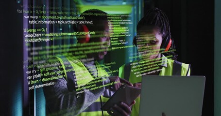 Sticker - Animation of data processing over african american male and female engineers working at server room