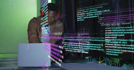 Sticker - Animation of data processing over african american male engineer using laptop working at server room