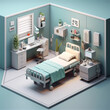 Isometric modern hospital room with bed and medical supplies