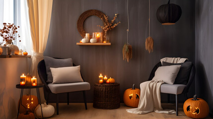 Wall Mural - Interior design cozy corner Halloween theme. Pumpkin, jack, jack-o-lantern, minimalist famous style. Black, white, cream, grey, orange original spooky colors. AI generative.