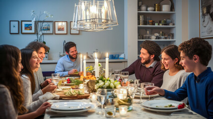 Family and friends having dinner at home. Hanukkah day celebration