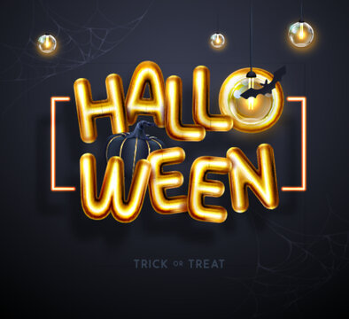Halloween holiday background with 3D gold metallic letters, pumpkin and electric lamps. Vector illustration