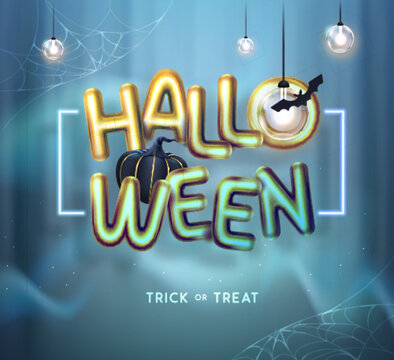 Halloween holiday background with 3D gold metallic letters, pumpkin and electric lamps. Vector illustration