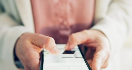 Poster - website, phone screen and hands, menu and search online, zooming in on web page with ux and mobile a