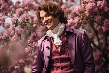 close up portrait of handsome man wearing 18th century Regency purple outfit standing in flower blossom garden, Generative Ai