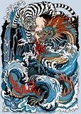 Fototapeta Konie - Azure dragon and white tiger meetings at a waterfall. Chinese celestial animals. Mythological creatures  looking at each other, surrounded by water waves. Vertical, graphic style vector illustration