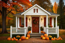 Cute And Cozy Cottage With Fall Decorations, Pumpkins On The Front Porch And A Wreath