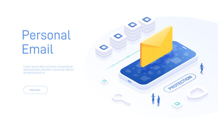 Poster - Email service concept. Electronic mail message as part of business marketing. Webmail or mobile service layout for website landing header. Newsletter sending background. Isometric vector illustration.