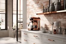Modern Kitchen Interior With Espresso Making Machine Stylish Kitchen , Brick Wallpaper With Morning Sun