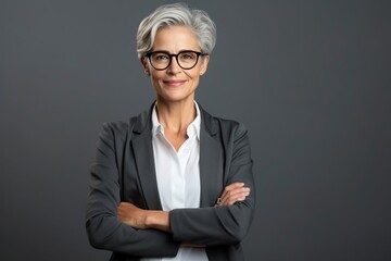 gray haired lady businesswoman smiling at the camera