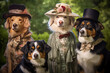 Family of dogs in royal outfits of the Victorian era. Fynny dogs. Dogs as Humans concept. Picture of Dogs Aristocrats