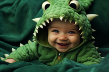 Cute Little Baby In Green Dragon Costume Sitting On Bed At Home. Illustration Of Cute Baby Photo Session.