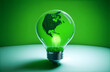 The green world map is on a light bulb that represents green energy Renewable energy that is important. AI Generated