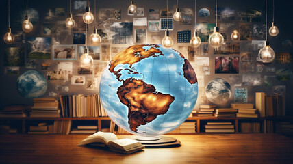 Sticker - globe and books on wooden table.