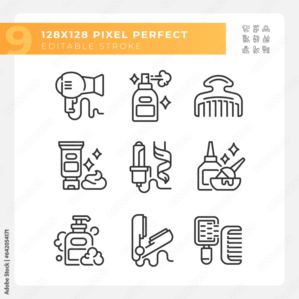 2D pixel perfect collection of icons representing haircare ...