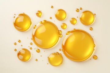 Beautiful yellow drops of oil or other liquid on a white background, top view.generative ai
