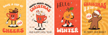Funny Retro Cartoon Christmas Character In Groovy 50s, 60s, 70s Vintage Style. Happy New Year Mascot With Hot Coffee, Cocoa, Gingerbread, Cake, Cupcake And Cookie. Xmas Vintage Characters.