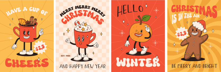 funny retro cartoon christmas character in groovy 50s, 60s, 70s vintage style. happy new year mascot