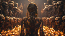 Mexican Woman On All Saints' Day Surrounded By Candles And Skulls. All Saints Day Background. Generative Ai