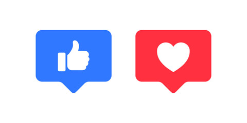 Like and love icon button. Thumbs up and heart flat icon in modern speech bubble shapes , Social media notification icons. emoji post reactions set. Vector illustration