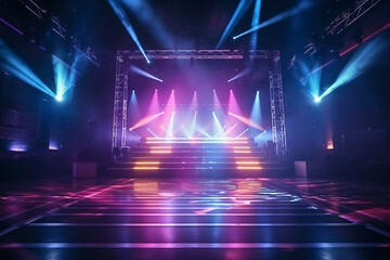 Wall Mural - Concert stage light background with spotlight illuminated the stage for night music festival. Empty stage with dynamic color washes. Stage lighting design. Entertainment show.