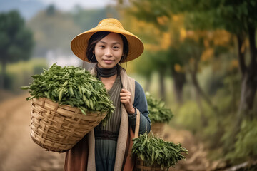 Basket with vegetables in the hands of a farmer background of nature. Happy farmer holding green vegetable on her farm. Generative AI.